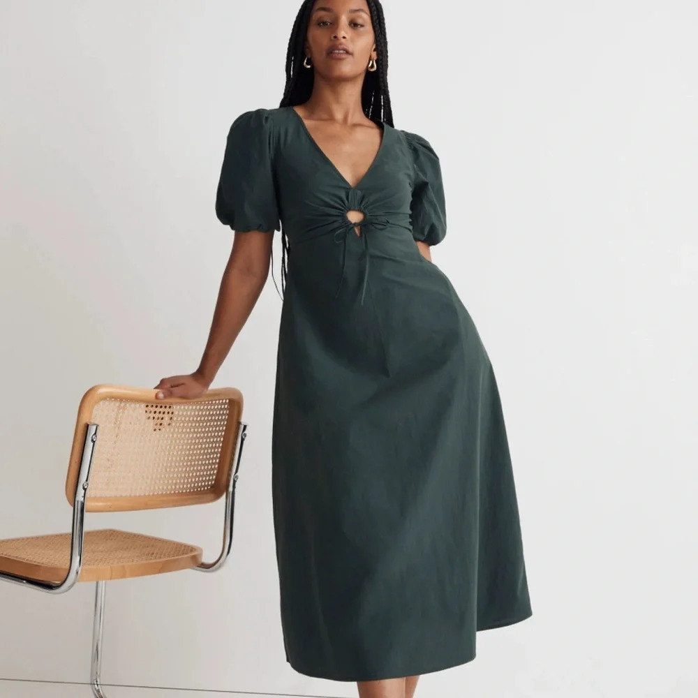 Madewell Cutout Puff Sleeve Poplin Midi Dress - Dark Palm Size 2